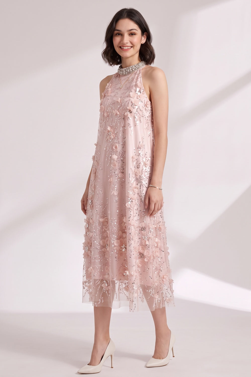 Blush Pink Tulle Mesh A-Line Shift Dress with Floral Embellishment blush pink tulle mesh dress - product view 4