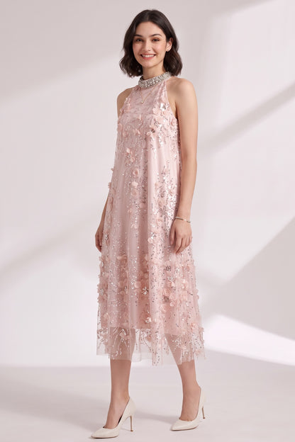 Blush Pink Tulle Mesh A-Line Shift Dress with Floral Embellishment blush pink tulle mesh dress - product view 4