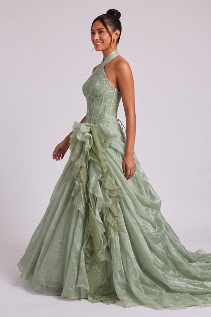 Sage Green Organza Ballgown Gown with Floral Lace and Cascading Ruffles sage green organza gown - product view 3