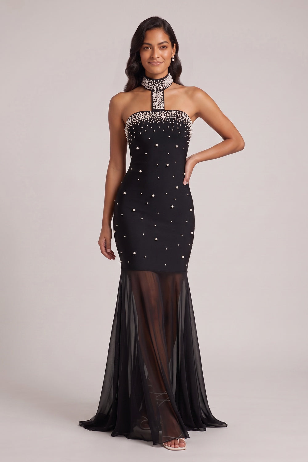 Black Pearl-Embellished Halter Mermaid Gown Premium Fabric - product view 4