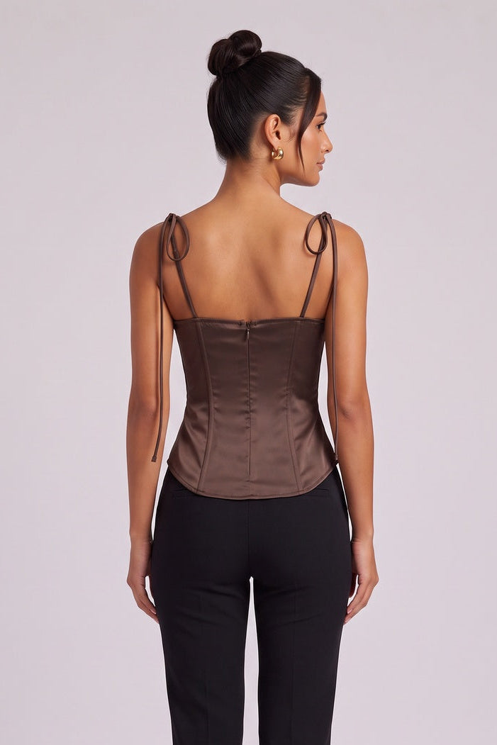 Dark Brown Satin Structured Corset Top dark brown satin corset top - product view 5