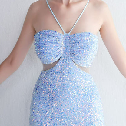 MARIAN BLUE CUTOUT SEQUINS HALTER MAXI DRESS