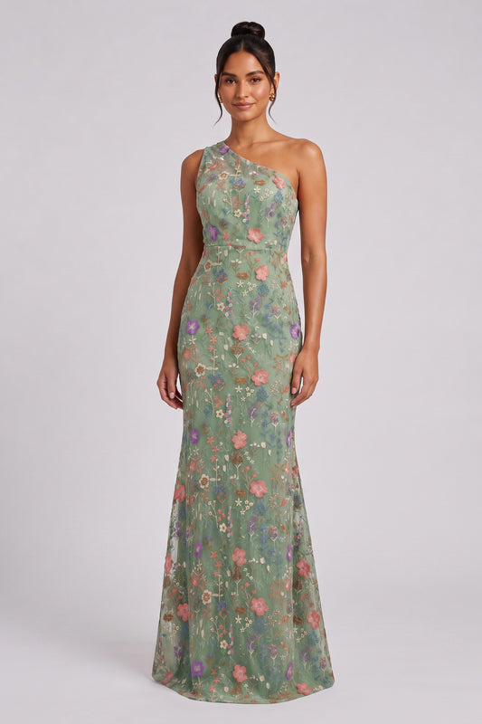 sage green embroidered tulle trumpet gown sage green embroidered tulle gown - product view 1