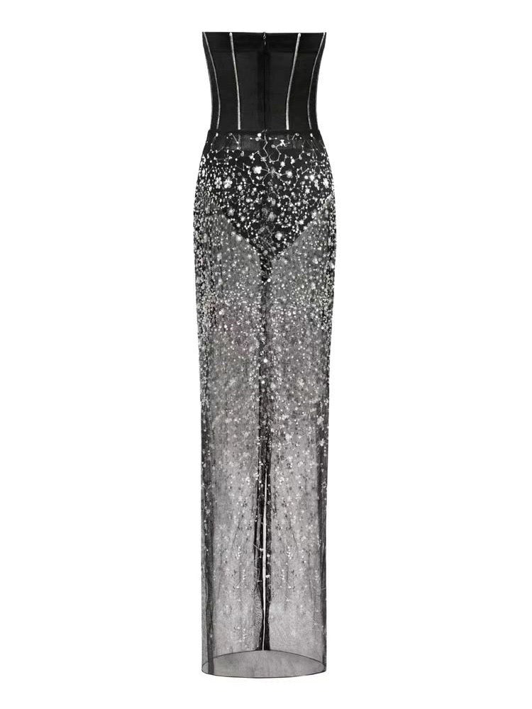 Ophélie black Strapless Corset Sheer sequined flower midi dress
