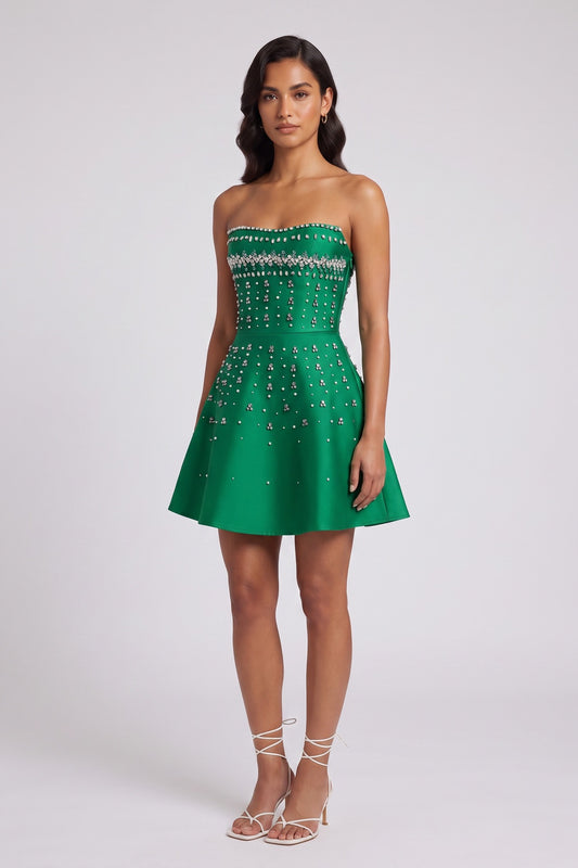 Strapless Rhinestone Pearl A-Line Mini Dress