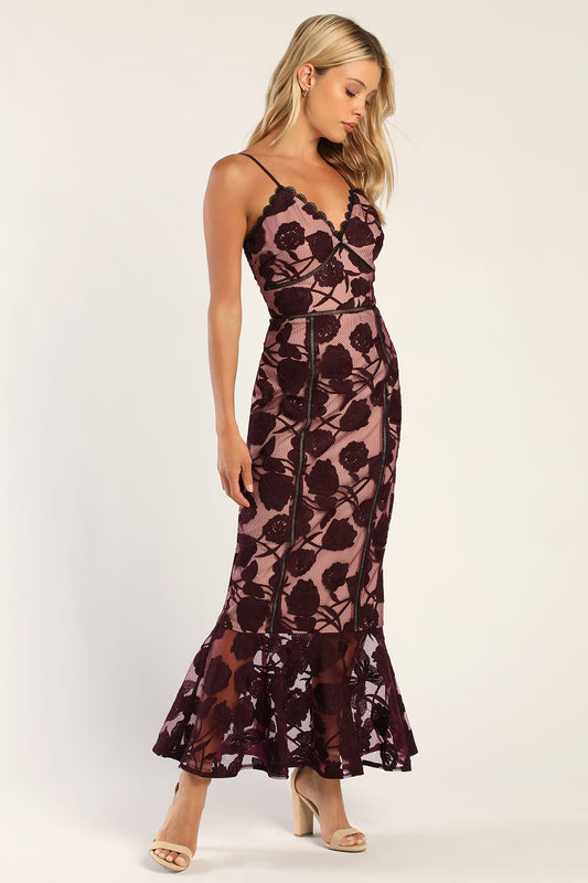 Dark Purple Floral Mesh Lace Trumpet Midi Dress