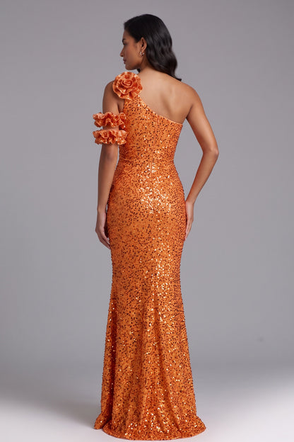 Orange Sequin One-Shoulder Floor-Length Gown Premium Fabric - product view 5