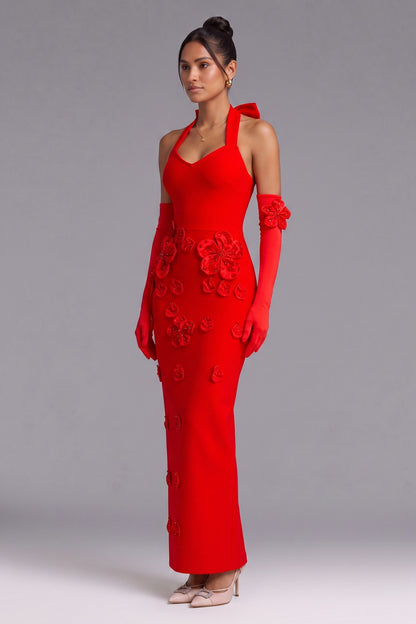 Red Halter Neck Floor-Length Gown with 3D Floral Embellishments Premium Fabric - product view 5
