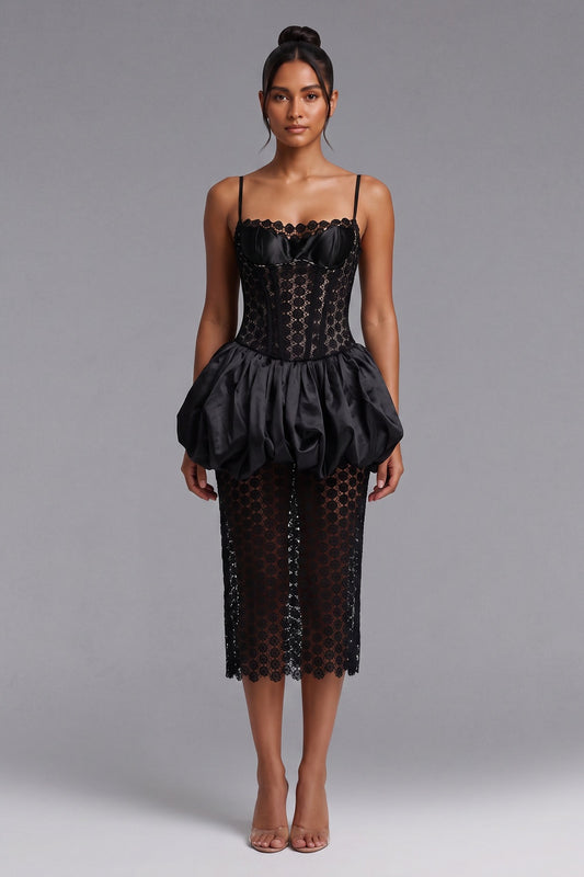 Black Satin Corset-Style Dress with Bubble Peplum and Sheer Lace Midi Skirt black satin dress - product view 1