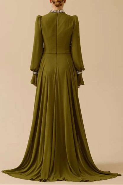 alyssa puff long sleeve pleated silk maxi dress in green