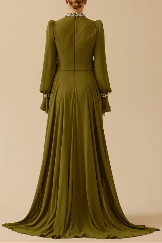 alyssa puff long sleeve pleated silk maxi dress in green