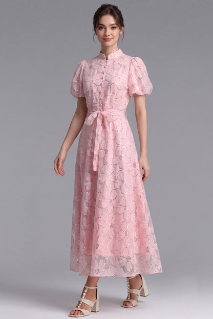 Light Pink Sheer Organza A-Line Midi Dress with Floral Applique light pink sheer organza or tulle overlay dress - product view 3