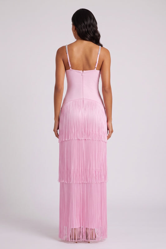 Rhinestone Floral Fringe Spaghetti Strap Maxi Dress