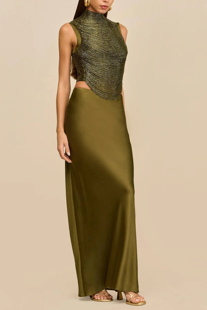 Sleeveless Turtleneck Tassel Paneled Top and Satin Skirt Set in green