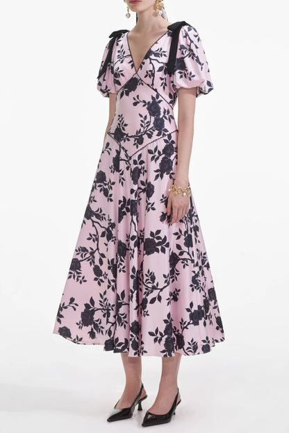 v-neck Satin Floral Midi Dress in pink