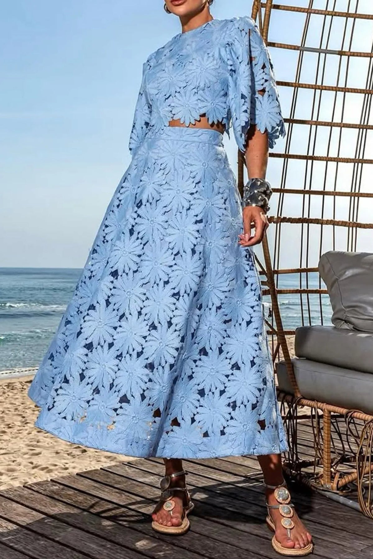 Lace Embroidered Top & Maxi Skirt Two-Piece Set in blue
