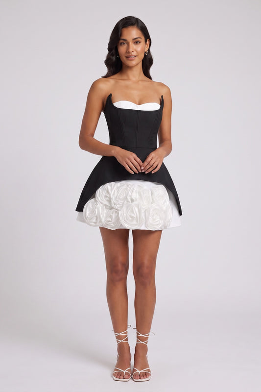 black structured heavy crepe or neoprene fit-and-flare corset dress with peplum overlay dress black structured heavy crepe or neoprene dress - product view 1