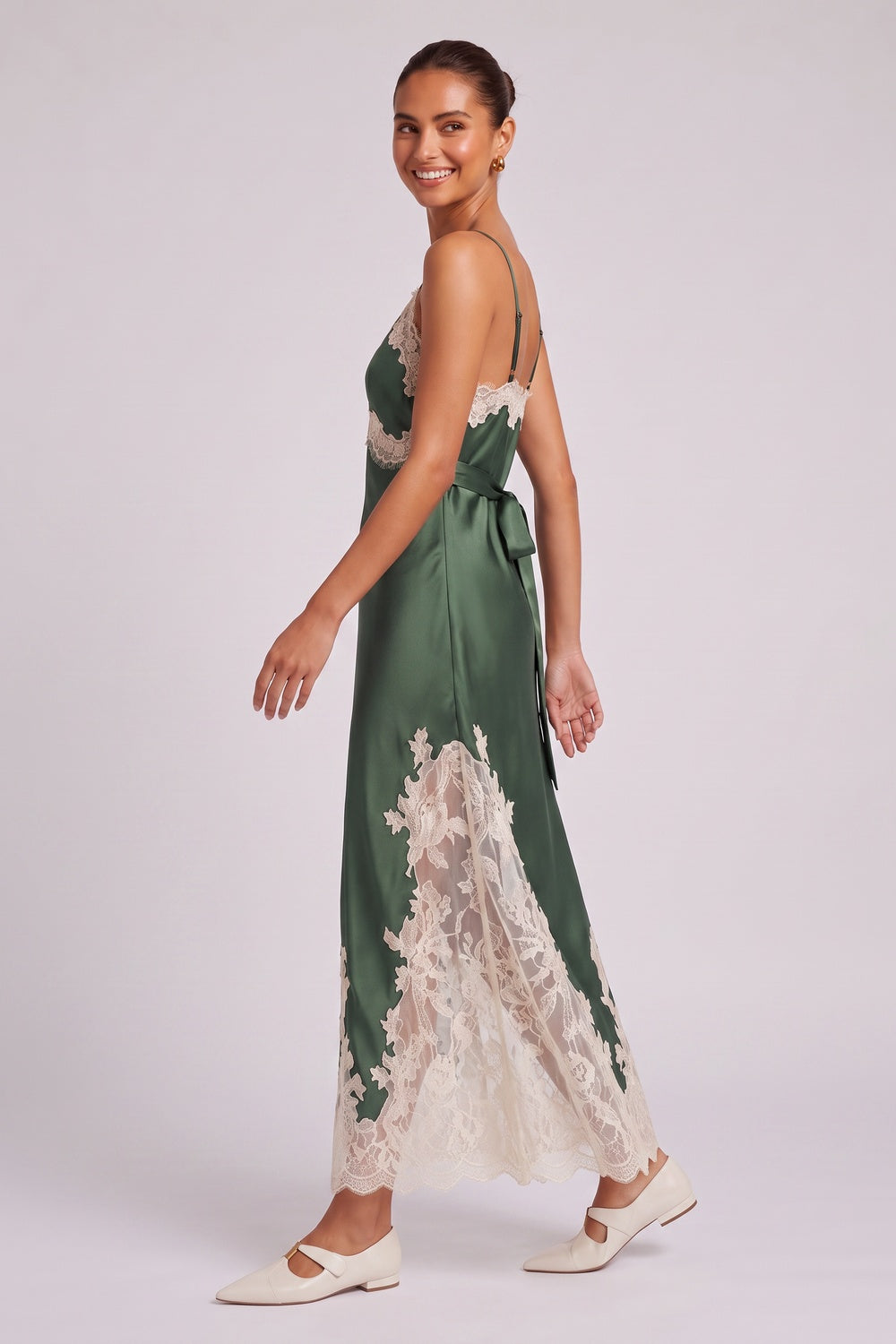Forest Green Satin Slip Dress with Lace Paneling forest green satin dress - product view 3