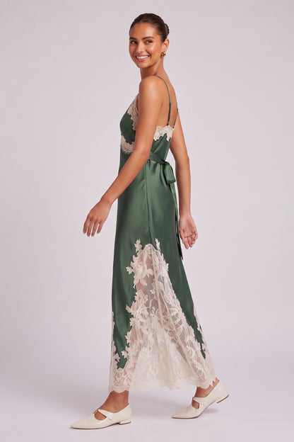 Forest Green Satin Slip Dress with Lace Paneling forest green satin dress - product view 3