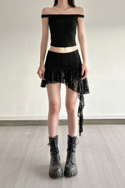 Ruched Lace Asymmetrical Mini Skirt