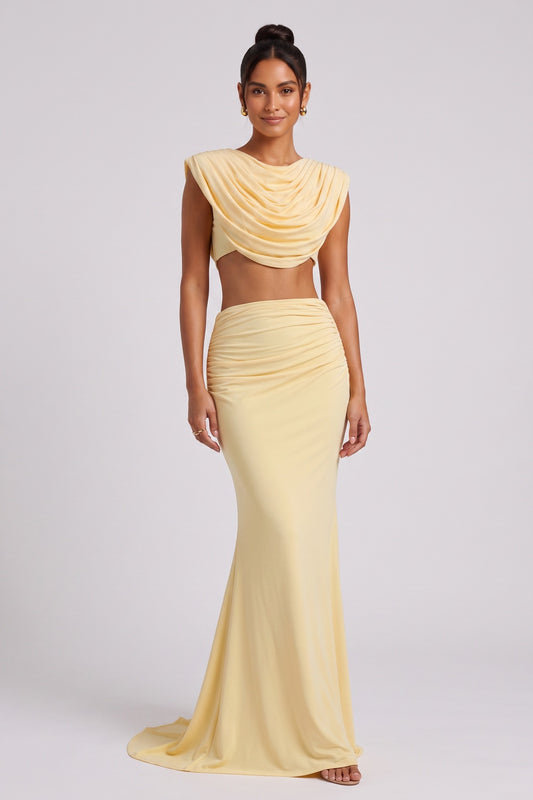 Draped Cowl Neck Two-Piece Set in Pale Yellow Premium Fabric - product view 3