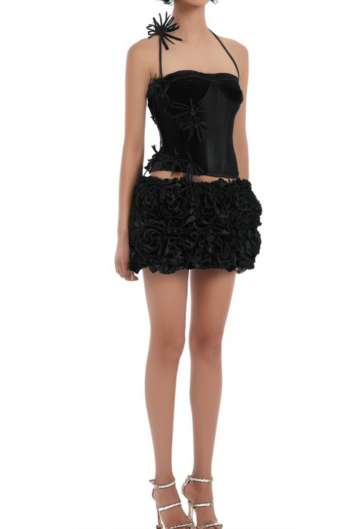 velvet corset floral mini skirt suit in black