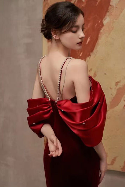 Tove Off Shoulder Velvet Maxi Dress - Red