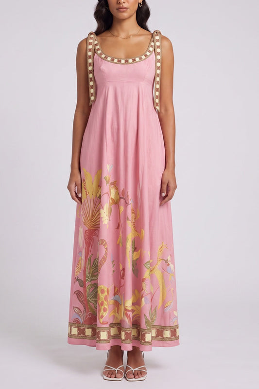 Tie Strap Tropical Print Maxi Dress