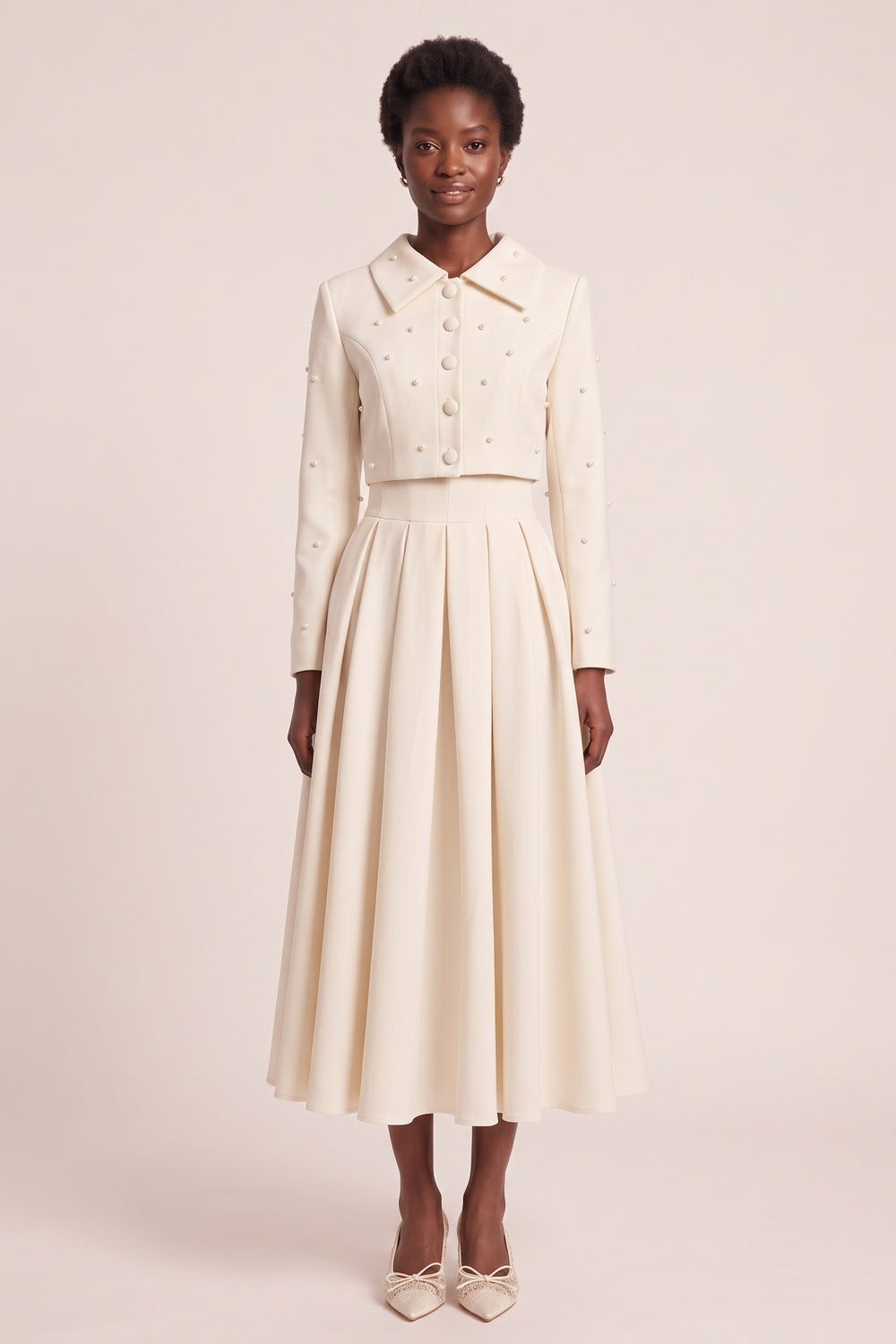 Pearl Embellished Collar Crop Blazer &amp; High Waist Pleated Midi Skirt Two Piece Set
