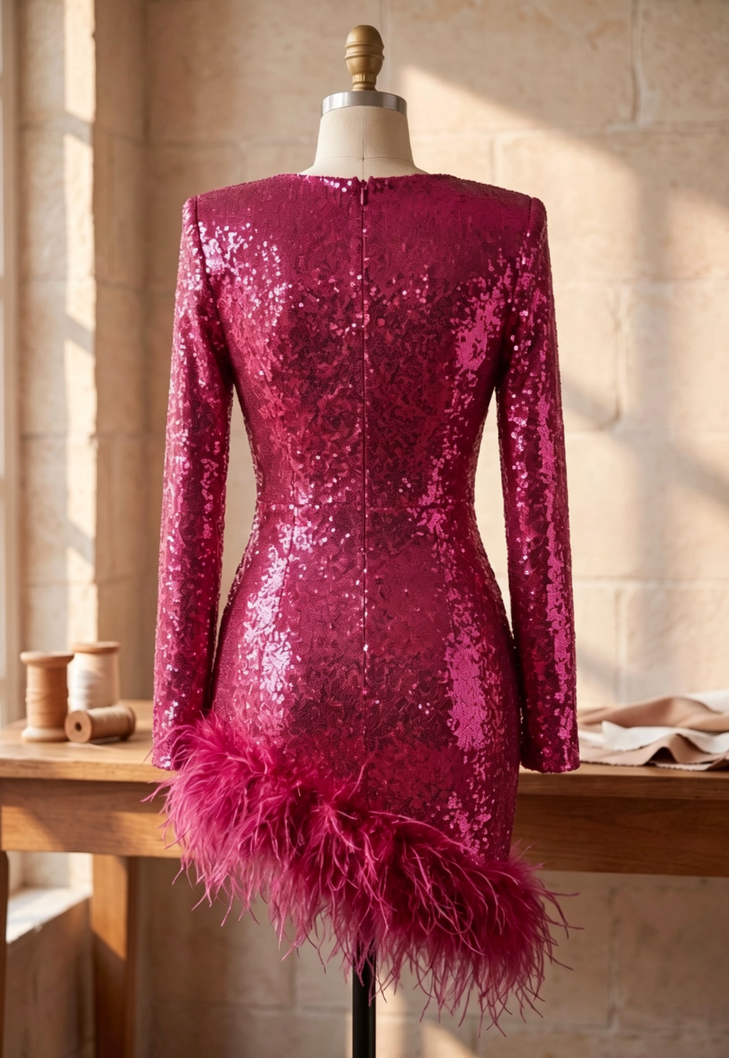 Magenta Sequined Mesh Bodycon Mini Dress