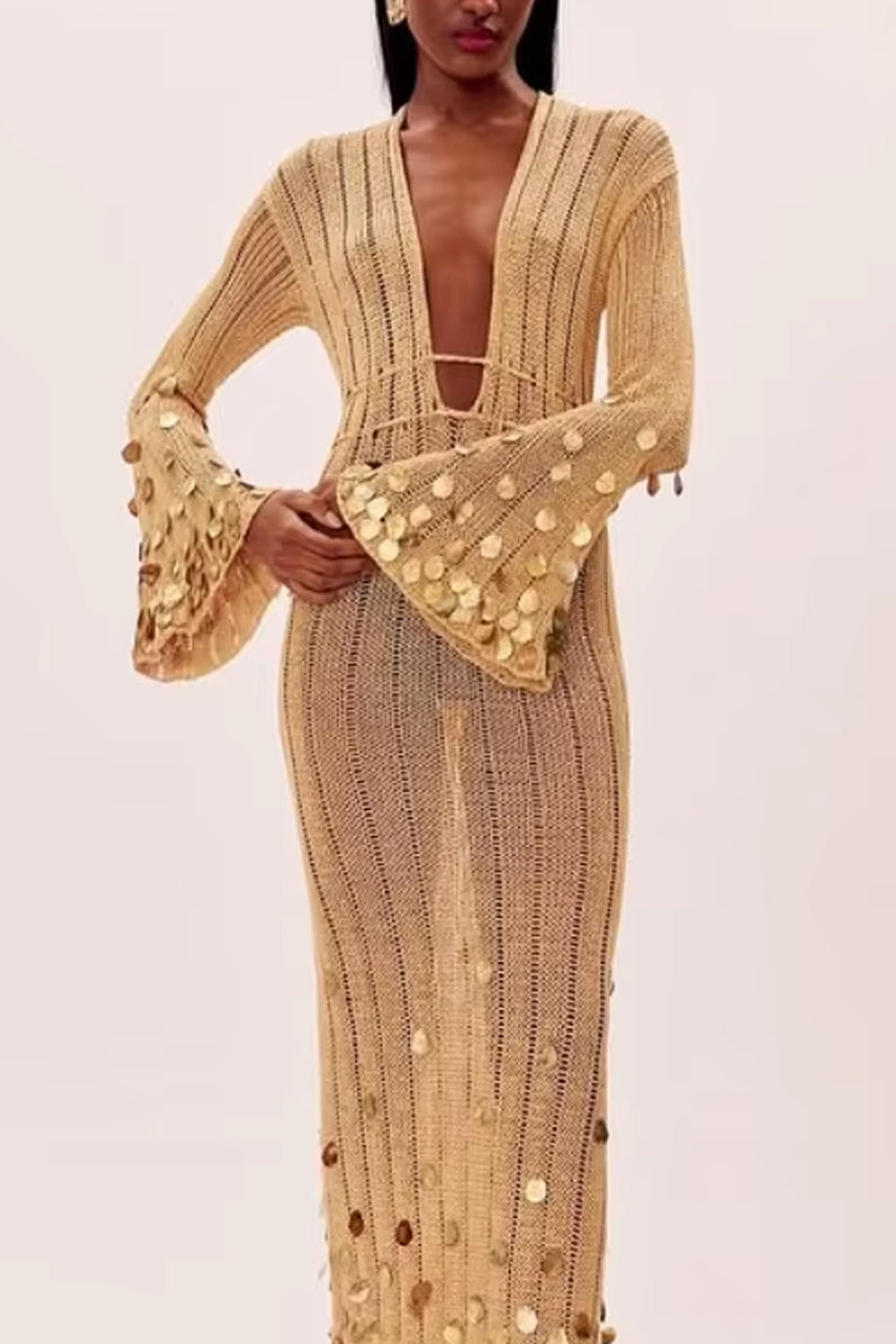 elma Golden Aura v-neck Knitted maxi Dress