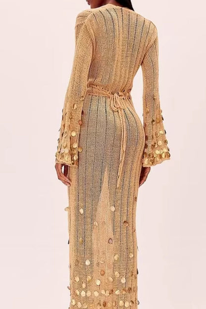 elma Golden Aura v-neck Knitted maxi Dress