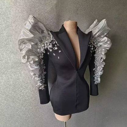 Black Blazer Mini Dress with Ruffled Organza Sleeves & Crystal Rhinestones