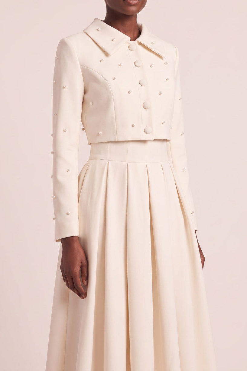 Pearl Embellished Collar Crop Blazer &amp; High Waist Pleated Midi Skirt Two Piece Set