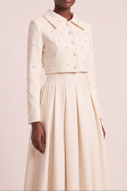 Pearl Embellished Collar Crop Blazer &amp; High Waist Pleated Midi Skirt Two Piece Set