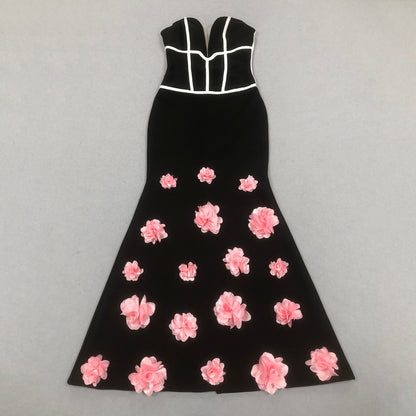Floral embellished Strapless Maxi Dress in Black