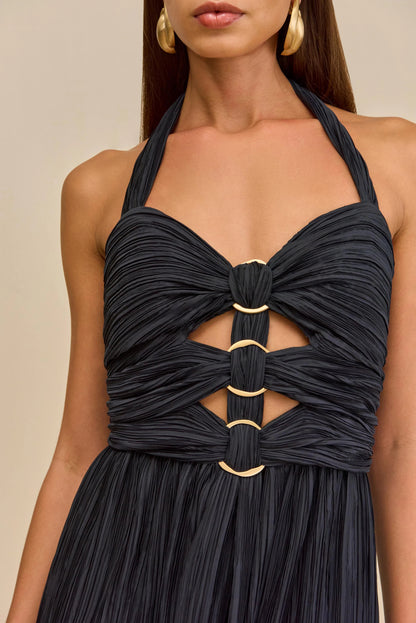 bonnie halter pleated cutout maxi dress in navy blue