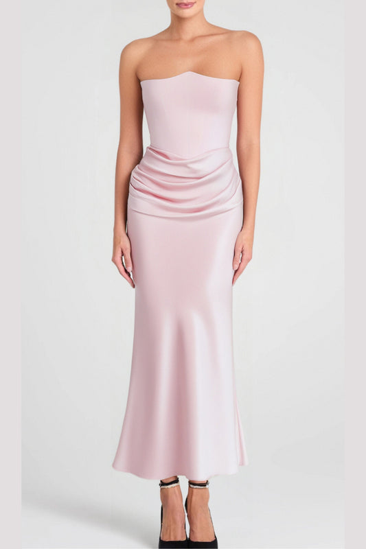 strapless satin corset maxi dress in pink