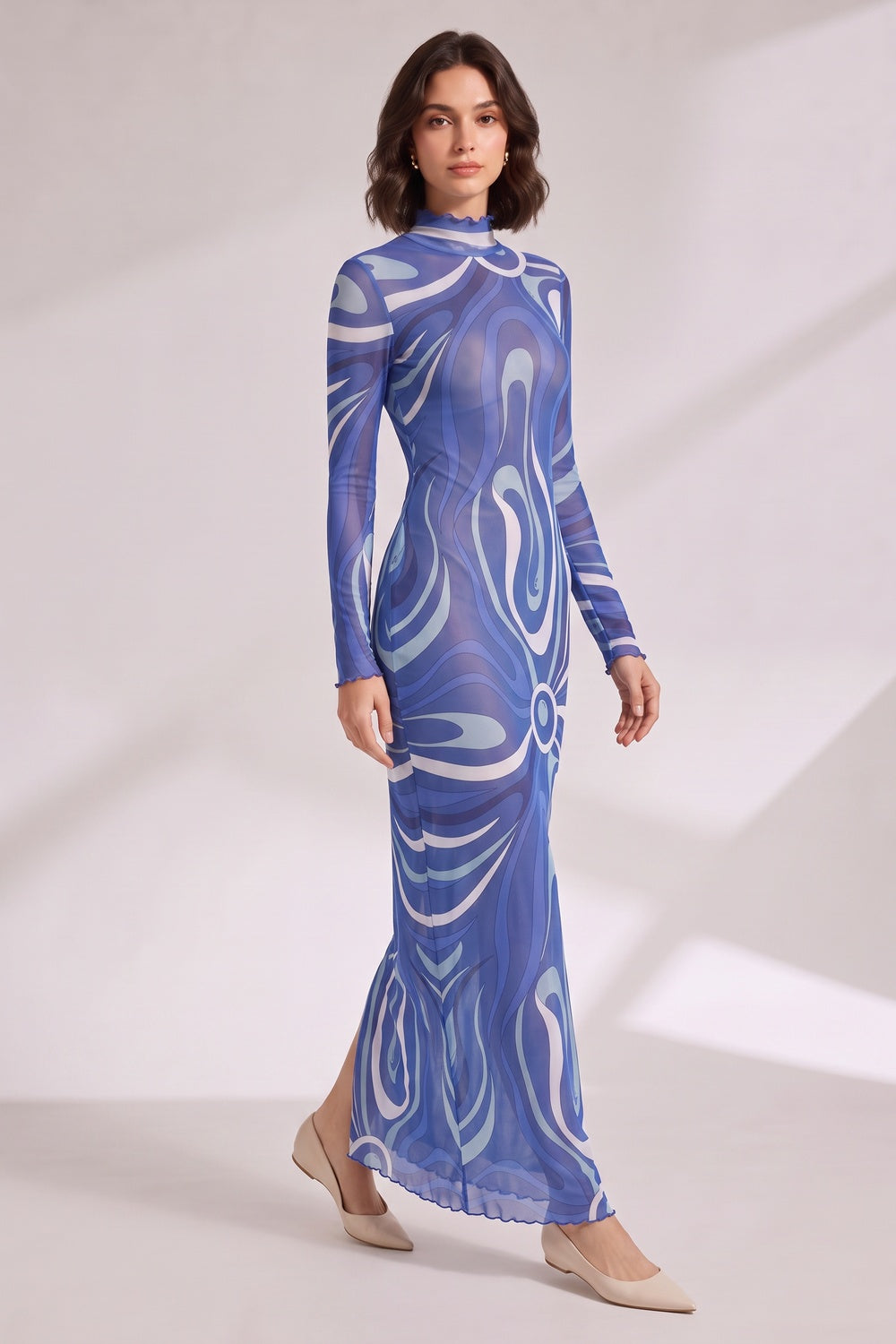 Blue Abstract Print Long Sleeve Maxi Dress Premium Fabric - product view 3