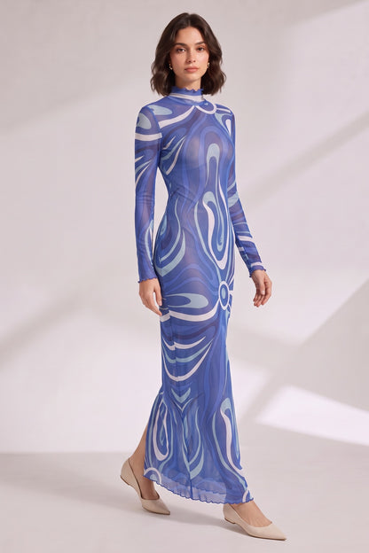 Blue Abstract Print Long Sleeve Maxi Dress Premium Fabric - product view 3