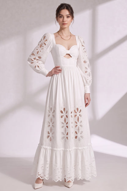 White Cotton Poplin A-Line Maxi Dress with Eyelet Embroidery white cotton poplin maxi dress - product view 3