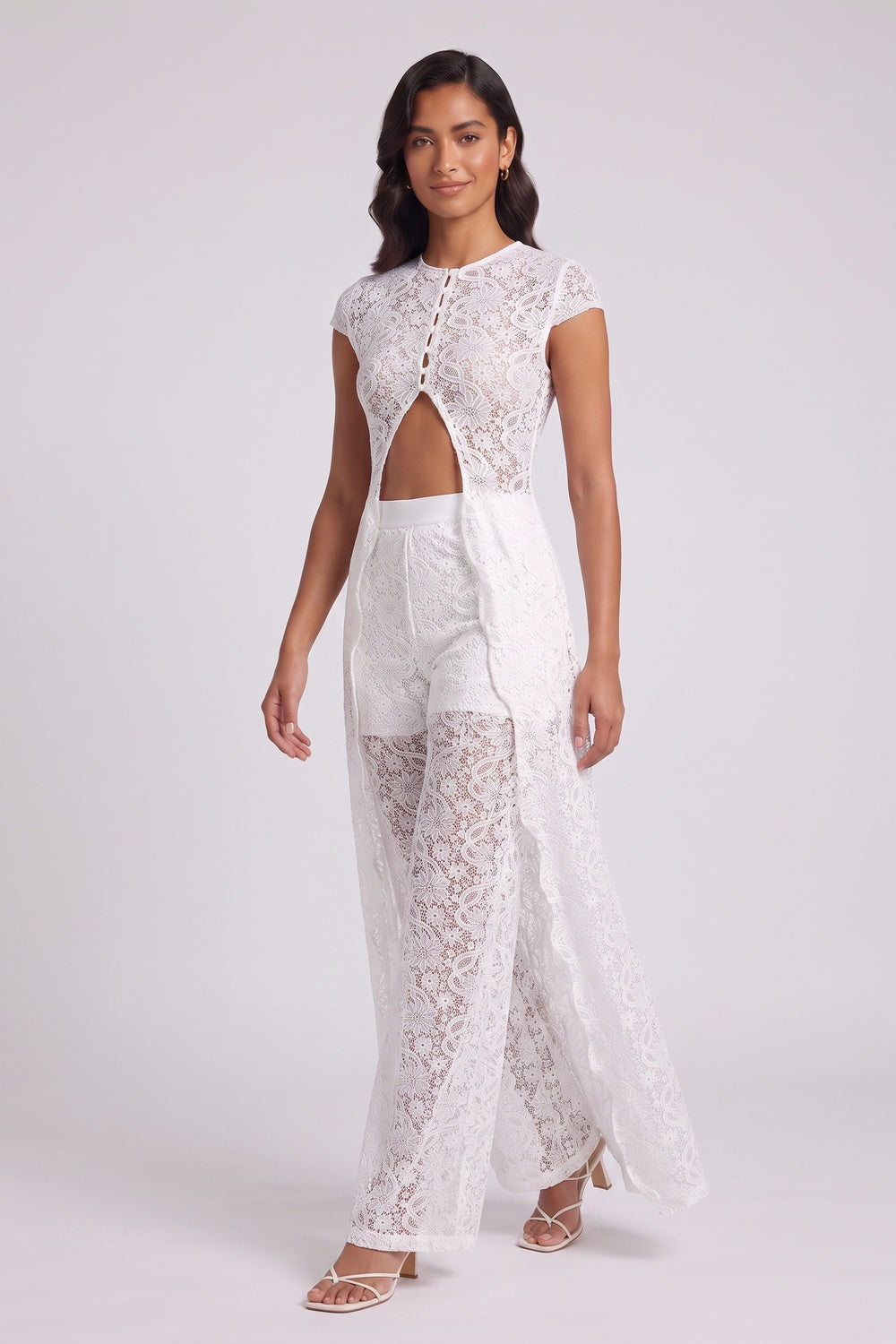 White Floral lace Slim-fit maxi top with high front slit; high-waisted wide-leg pants Two-piece set (longline tunic and pants) White Floral lace Two-piece set (longline tunic and pants) - product view 3