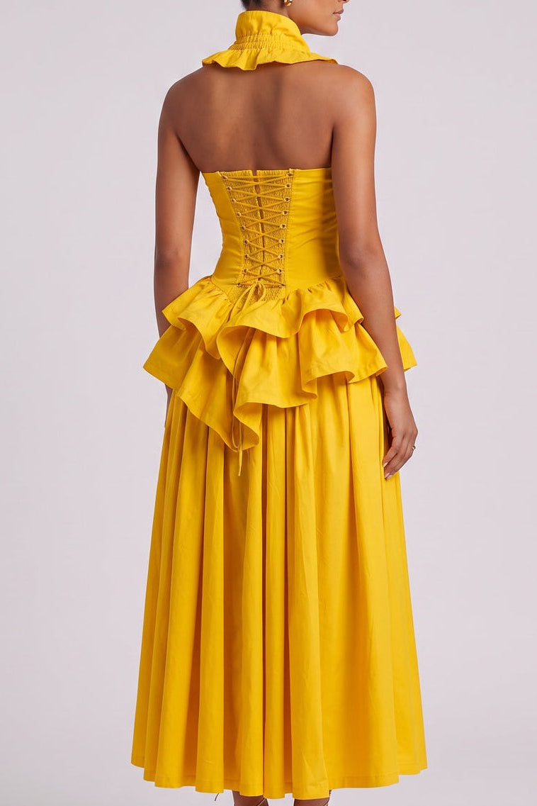 Yellow Ruffled Peplum Midi Dress Premium Fabric - product view 4