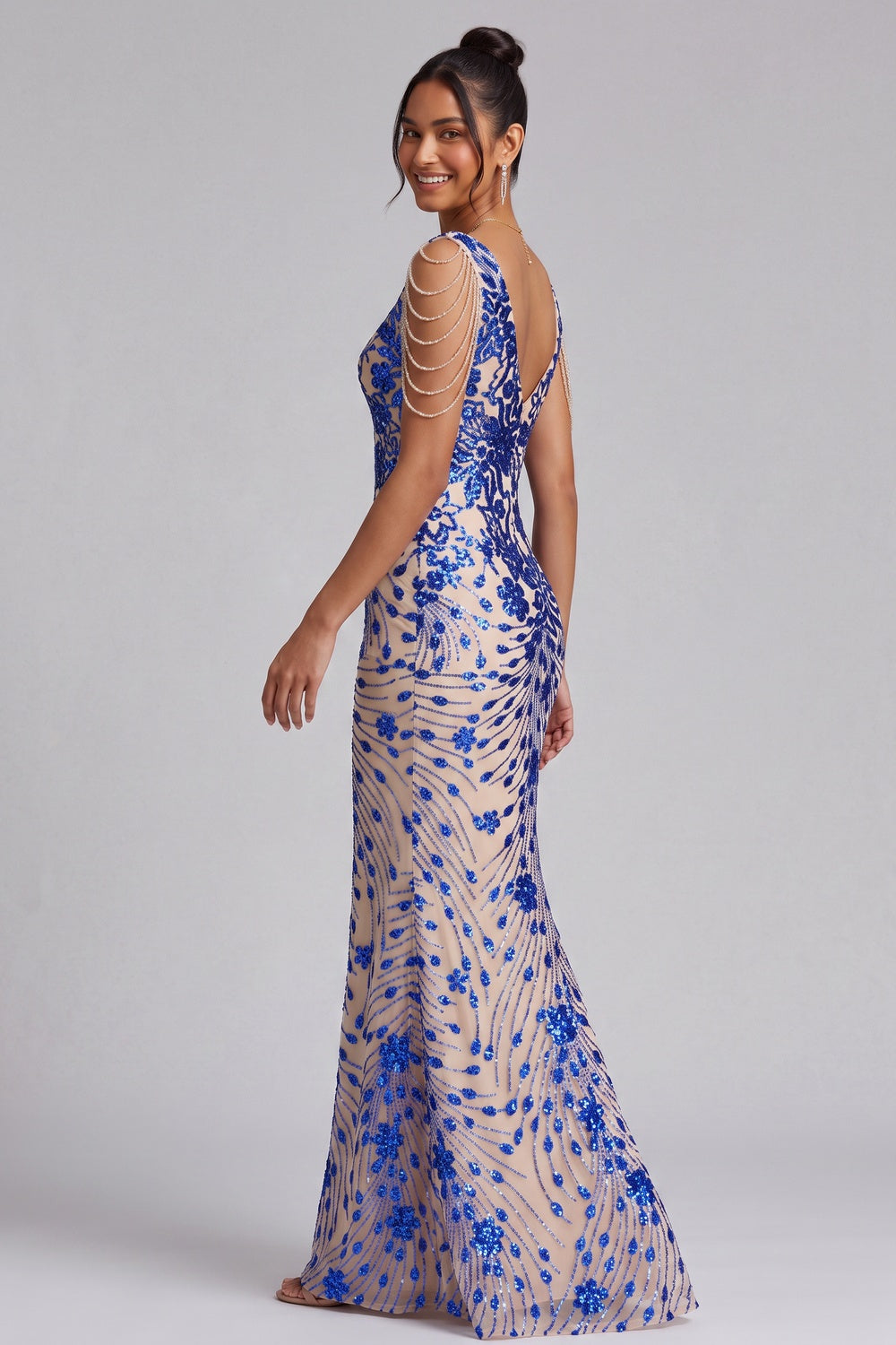 Royal Blue Sequin Embroidered Floor-Length Gown Premium Fabric - product view 3