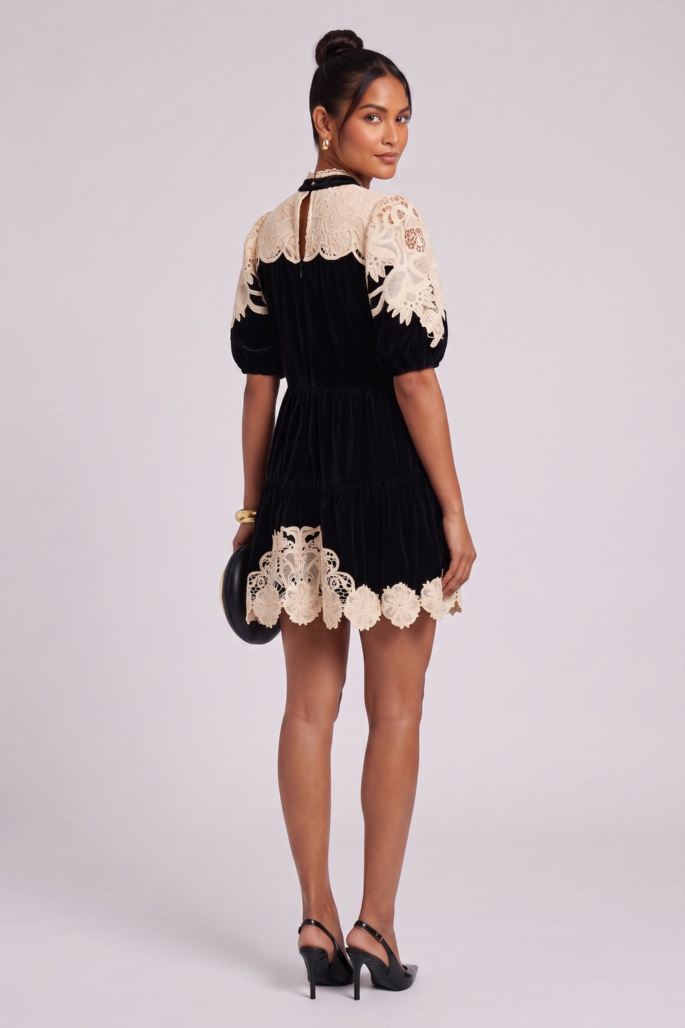 Black Velvet A-Line Babydoll Dress with Cream Lace Overlay black velvet dress - product view 5