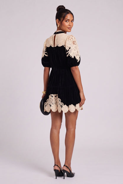 Black Velvet A-Line Babydoll Dress with Cream Lace Overlay black velvet dress - product view 5