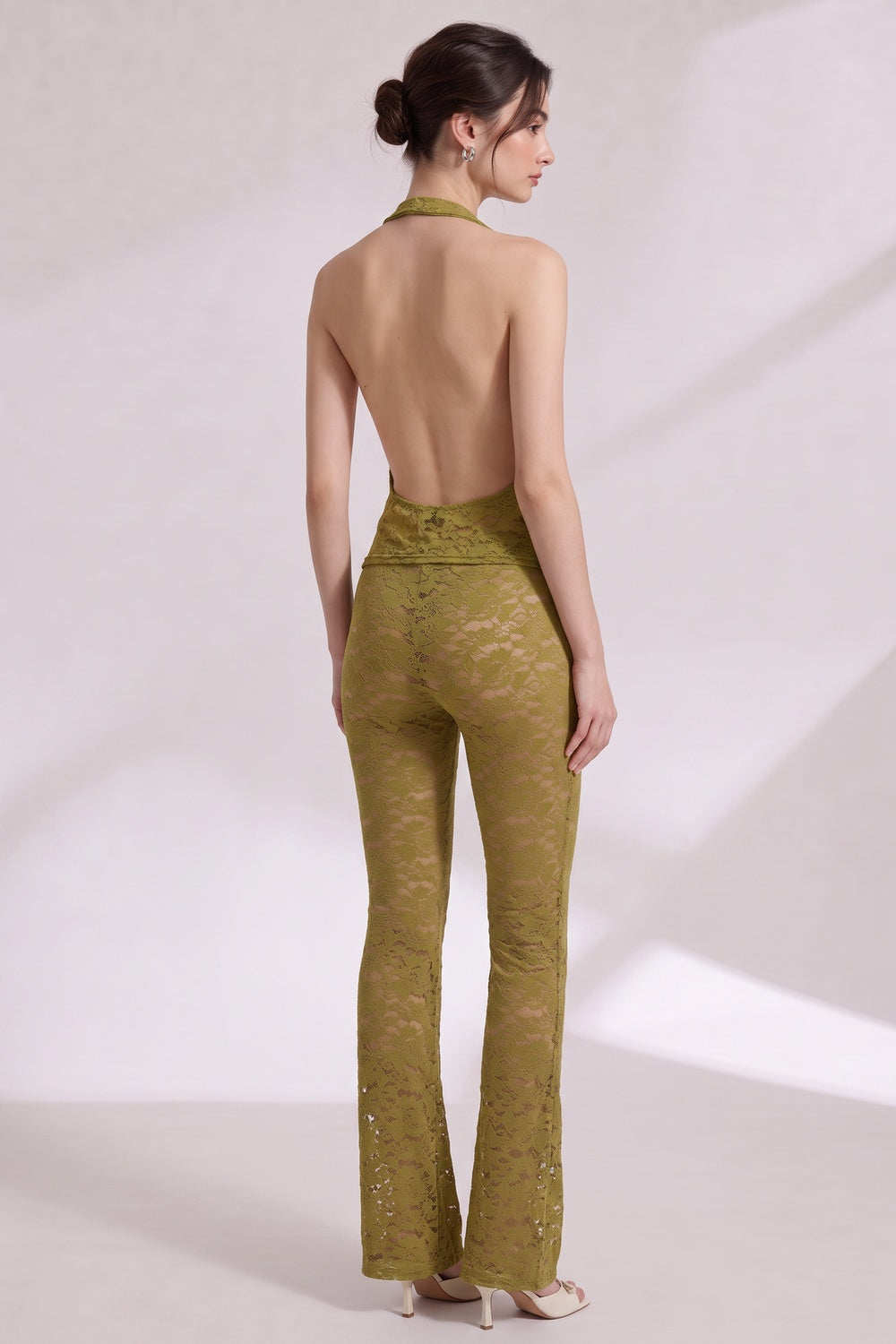 olive green floral lace fitted halter top with draped cowl neck and open back; high-waisted slim-fit pants flaring from the knee two-piece set (halter top and matching pants) olive green floral lace two-piece set (halter top and matching pants) - pro