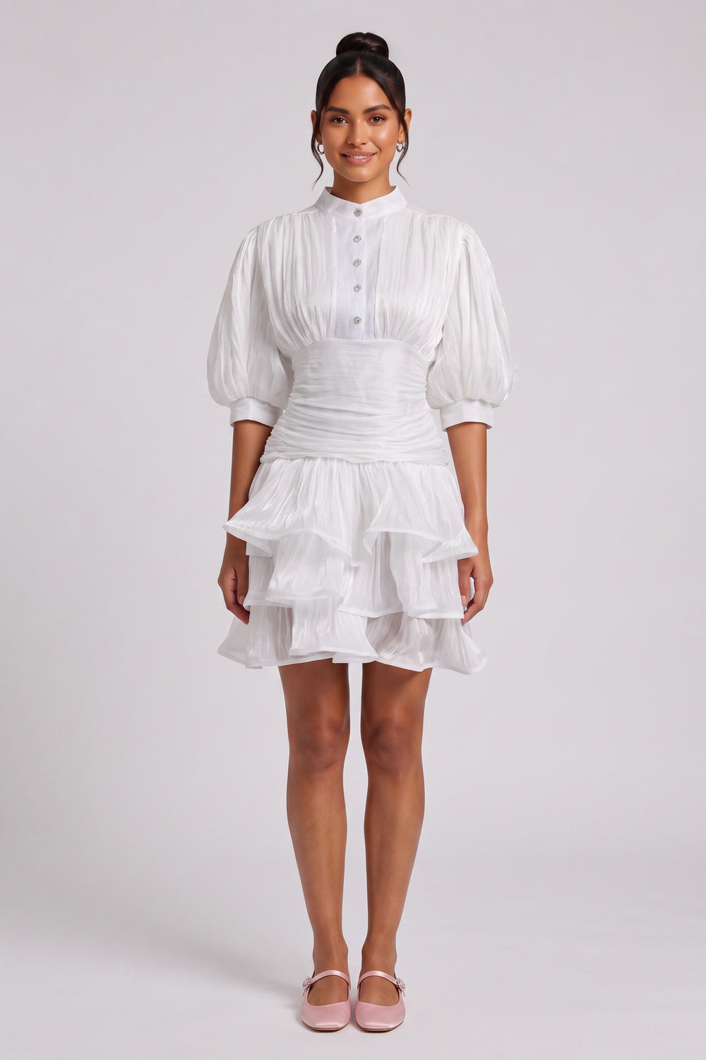White Tiered Ruffle Mini Dress Premium Fabric - product view 3