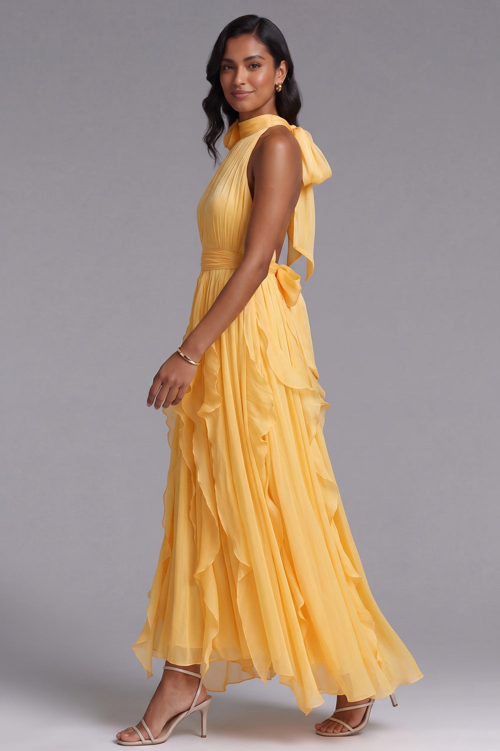 Yellow Chiffon A-Line Halter Maxi Dress yellow chiffon dress - product view 4