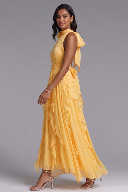 Yellow Chiffon A-Line Halter Maxi Dress yellow chiffon dress - product view 4